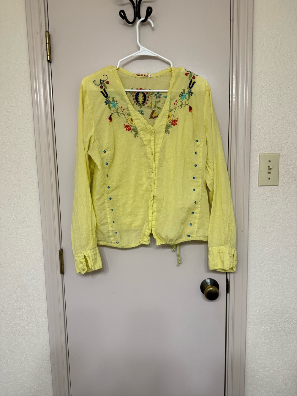 Johnny Was Yellow Embroidered Button-Down Shirt